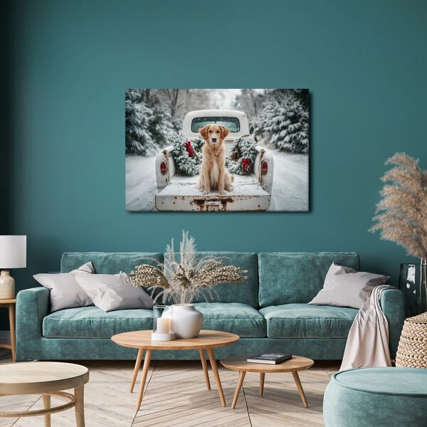 Quadro su tela – Cane natalizio su strada innevata