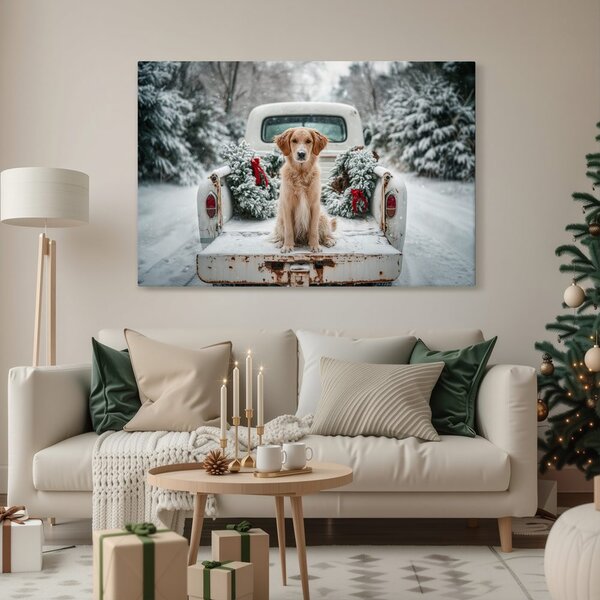 Quadro su tela – Cane natalizio su strada innevata