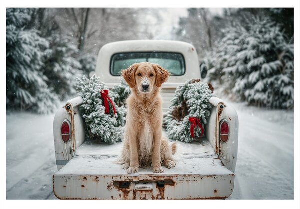 Quadro su tela – Cane natalizio su strada innevata
