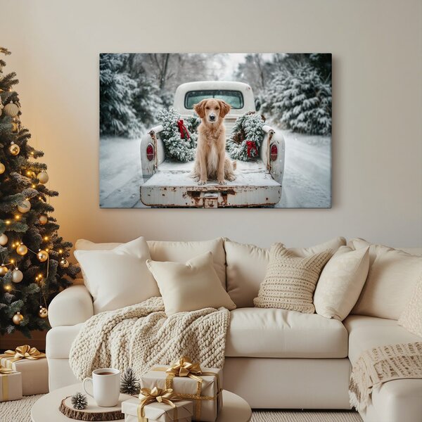 Quadro su tela – Cane natalizio su strada innevata