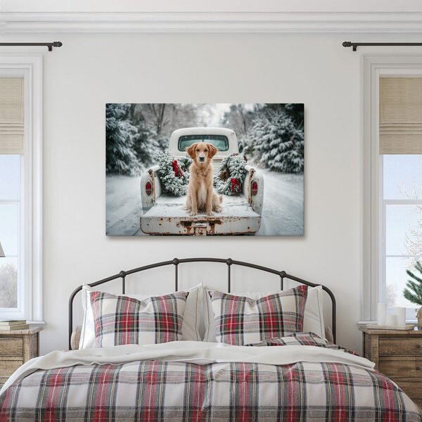Quadro su tela – Cane natalizio su strada innevata