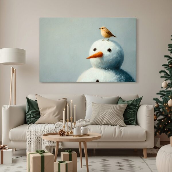 Quadro su tela – Pupazzo di neve natalizio con uccellino