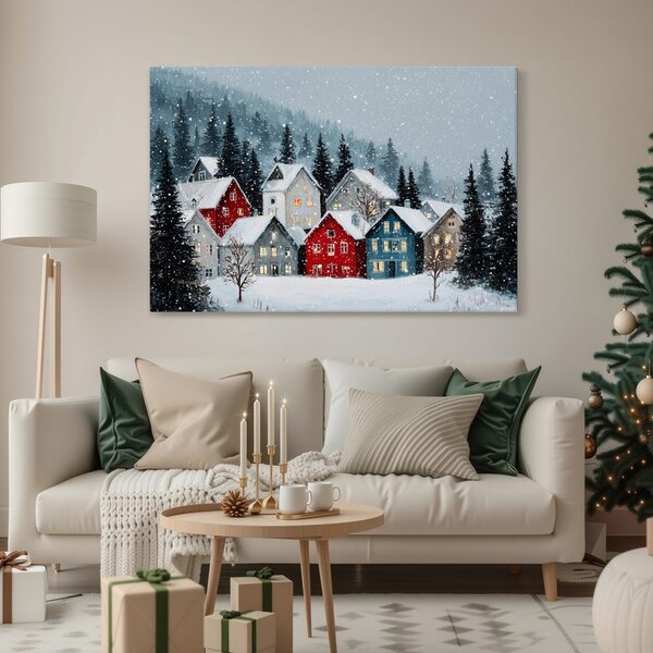 Quadro su tela – Villaggio natalizio sotto la neve