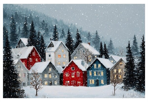 Quadro su tela – Villaggio natalizio sotto la neve