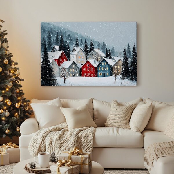 Quadro su tela – Villaggio natalizio sotto la neve