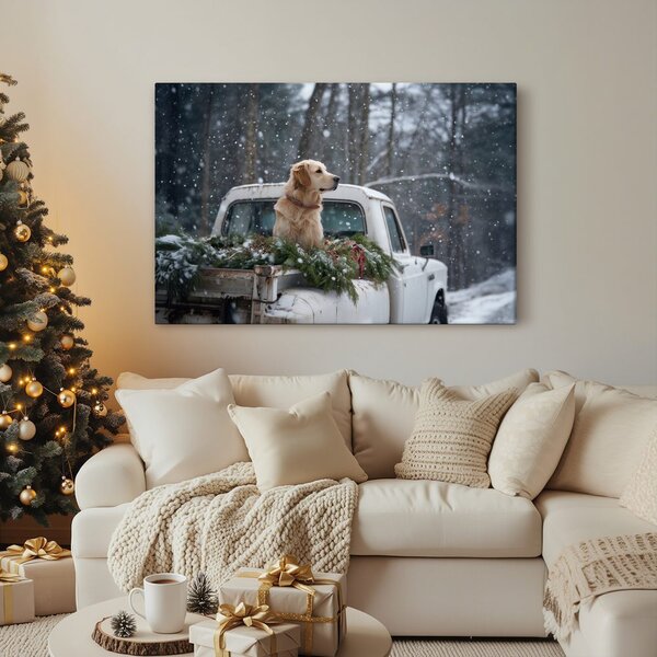 Quadro su tela – Cane natalizio su cassone innevato