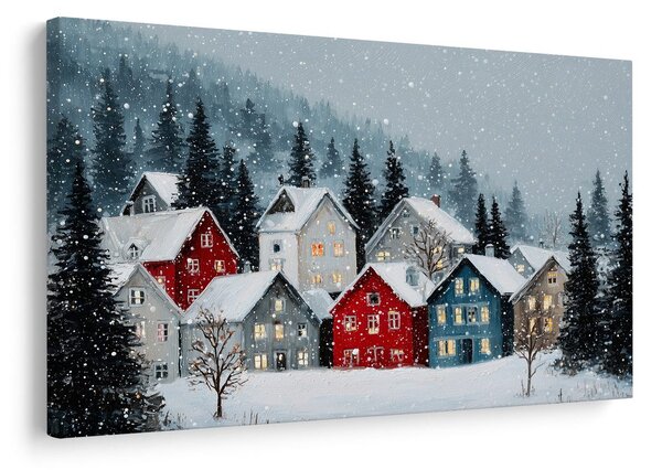 Quadro su tela – Villaggio natalizio sotto la neve