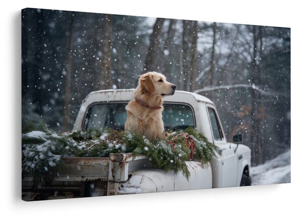 Quadro su tela – Cane natalizio su cassone innevato