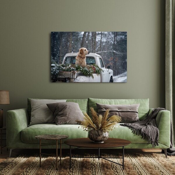 Quadro su tela – Cane natalizio su cassone innevato