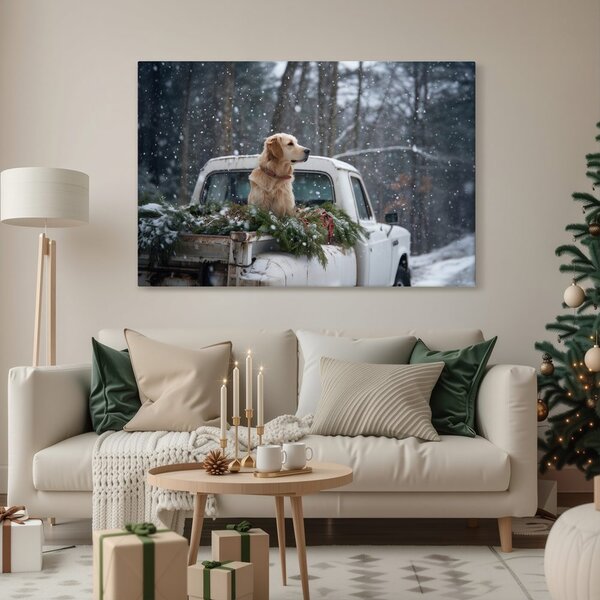 Quadro su tela – Cane natalizio su cassone innevato