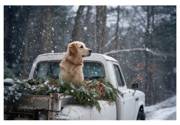 Quadro su tela – Cane natalizio su cassone innevato