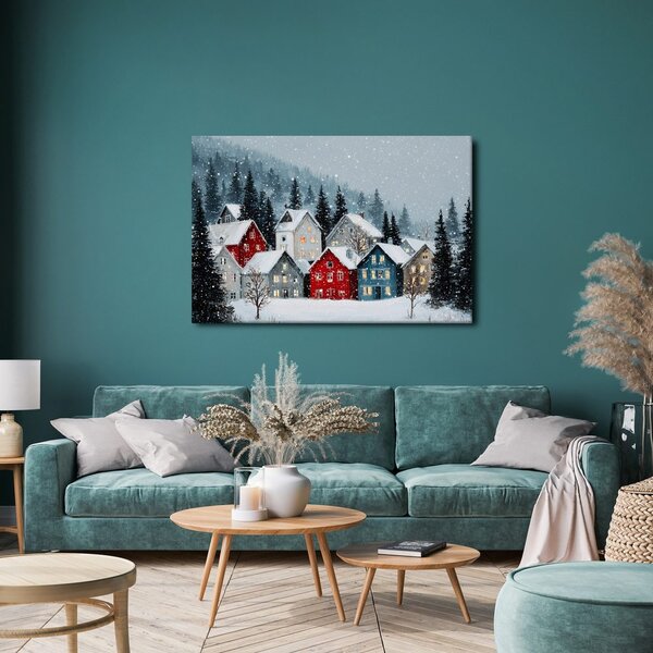 Quadro su tela – Villaggio natalizio sotto la neve