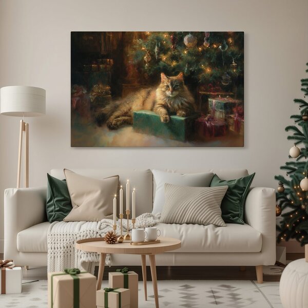 Quadro su tela – Gatto natalizio accanto all'albero