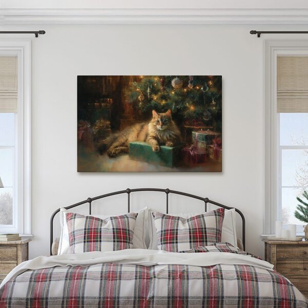 Quadro su tela – Gatto natalizio accanto all'albero