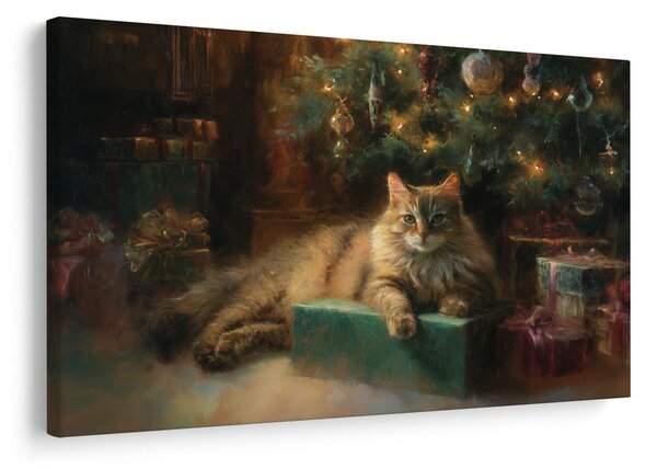 Quadro su tela – Gatto natalizio accanto all'albero