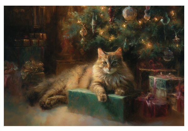 Quadro su tela – Gatto natalizio accanto all'albero
