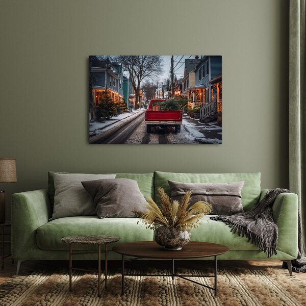 Quadro su tela – Viaggio natalizio in auto rossa