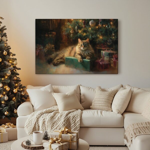 Quadro su tela – Gatto natalizio accanto all'albero