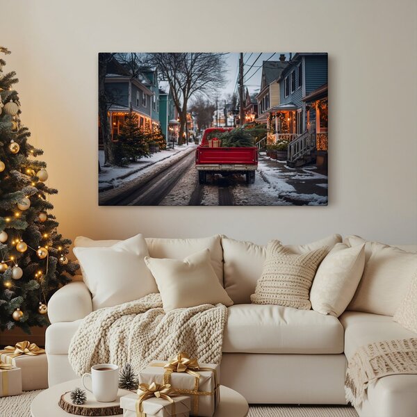 Quadro su tela – Viaggio natalizio in auto rossa