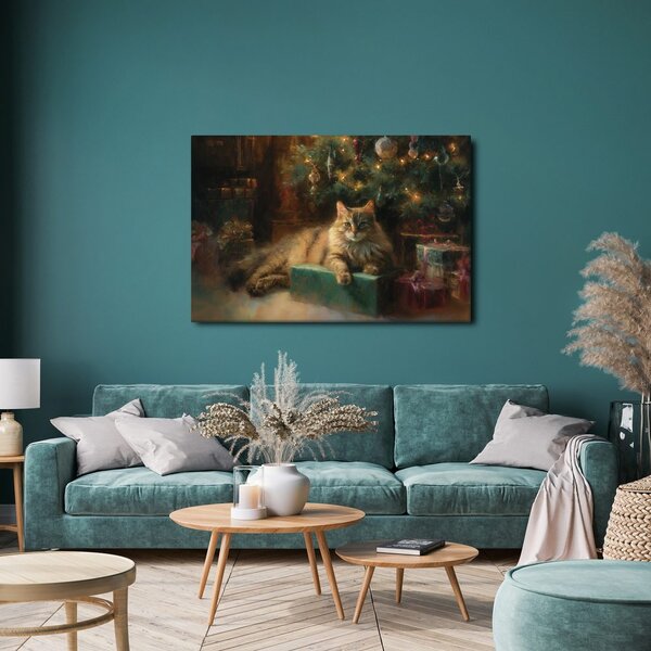 Quadro su tela – Gatto natalizio accanto all'albero