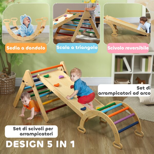 AIYAPLAY 5 in1 Gioco Arrampicata Bambini con Triangolo e Arco Montessori e Rampa con Pietre in Legno di Pino, 178x64.5x63cm | Aosom Italy