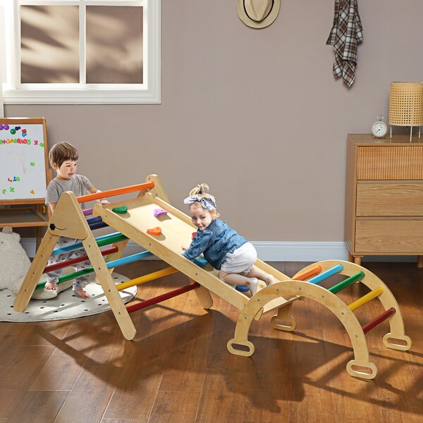 AIYAPLAY 5 in1 Gioco Arrampicata Bambini con Triangolo e Arco Montessori e Rampa con Pietre in Legno di Pino, 178x64.5x63cm | Aosom Italy