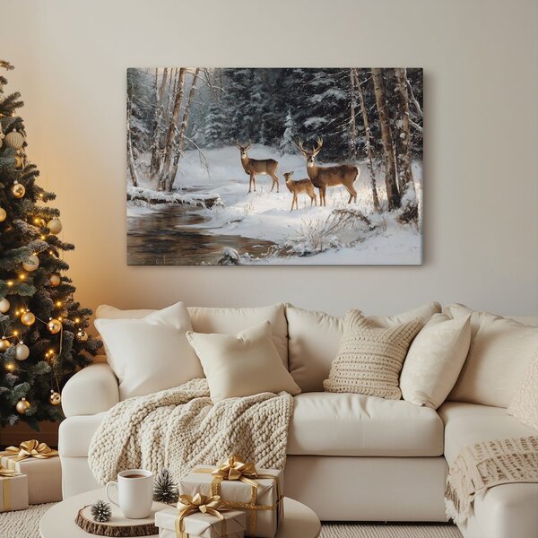 Quadro su tela Natalizio – Foresta invernale con cervi