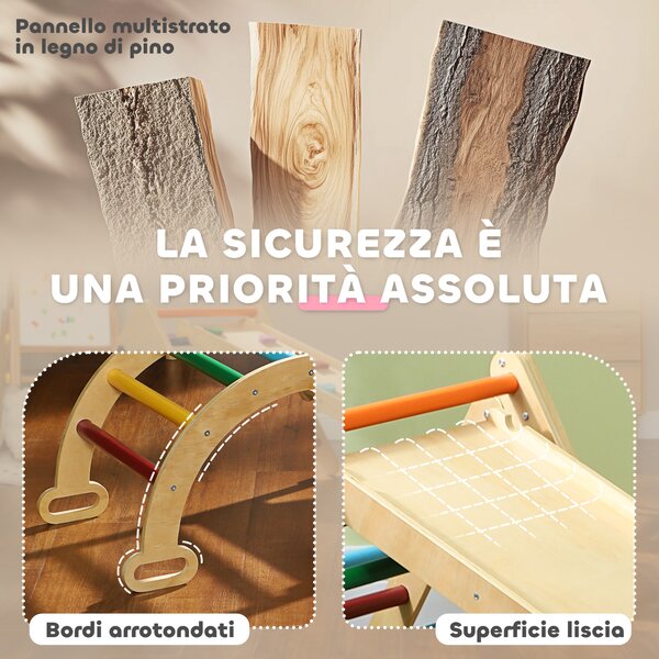 AIYAPLAY 5 in1 Gioco Arrampicata Bambini con Triangolo e Arco Montessori e Rampa con Pietre in Legno di Pino, 178x64.5x63cm | Aosom Italy