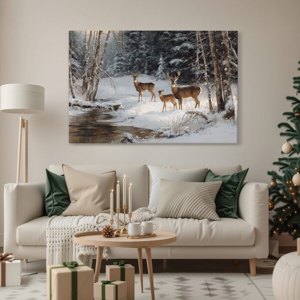Quadro su tela Natalizio – Foresta invernale con cervi