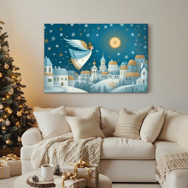 Quadro su tela Natalizio – Angelo sopra il villaggio invernale