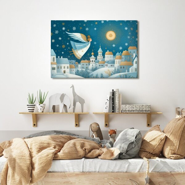 Quadro su tela Natalizio – Angelo sopra il villaggio invernale