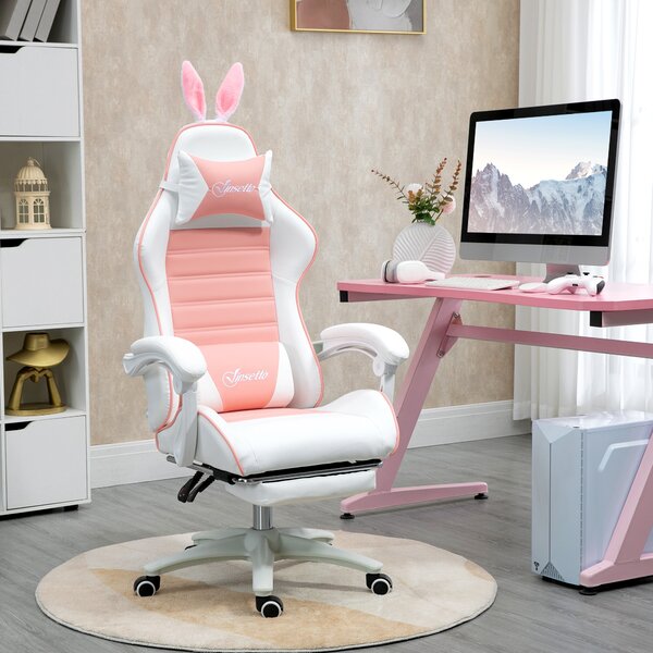 Vinsetto Sedia Gaming Ergonomica con Orecchie, Poggiapiedi Estraibile, Cuscino Lombare e Poggiatesta, Rosa | Aosom Italy