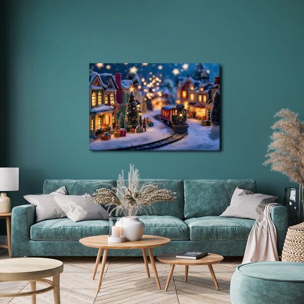 Quadro su tela – Villaggio natalizio con trenino