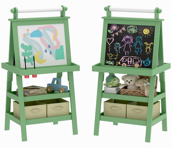 Lavagna per Bambini 59x48x118 cm a Gesso Magnetica e Rotolo di Carta in Legno Verde