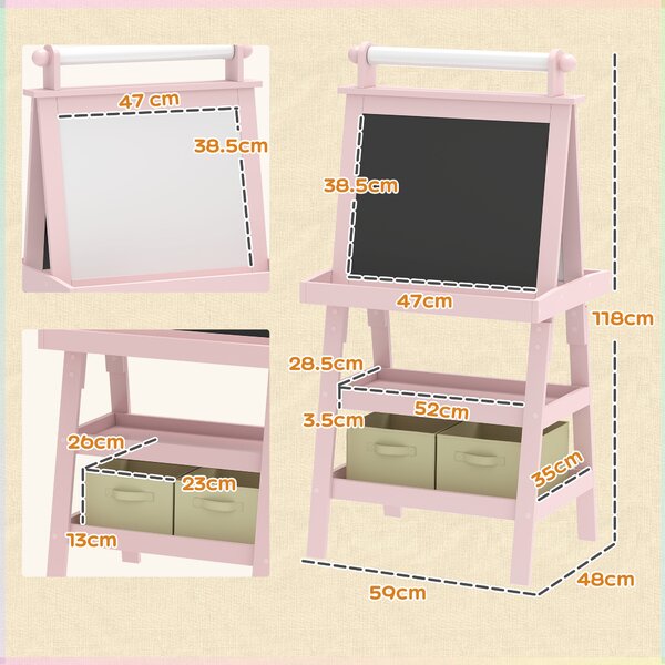 AIYAPLAY Lavagna per Bambini con Cavalletto 3 in 1, Rotolo di Carta e 2 Contenitori, in Legno, 59x48x118 cm, Rosa | Aosom Italy