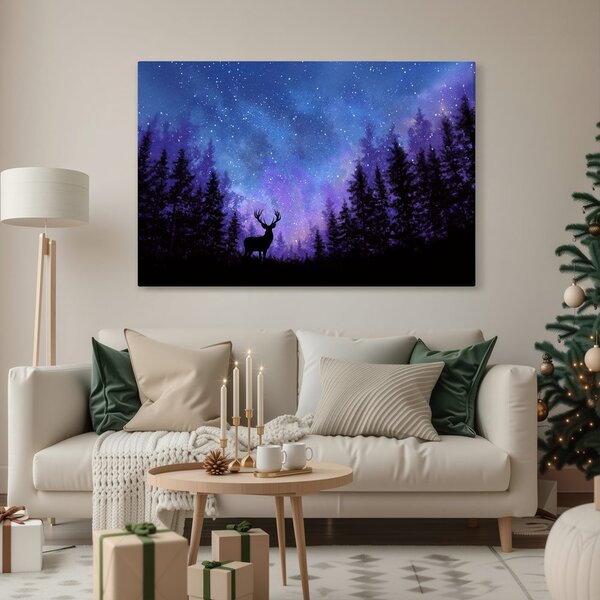 Quadro su tela – Cervo natalizio nella foresta magica