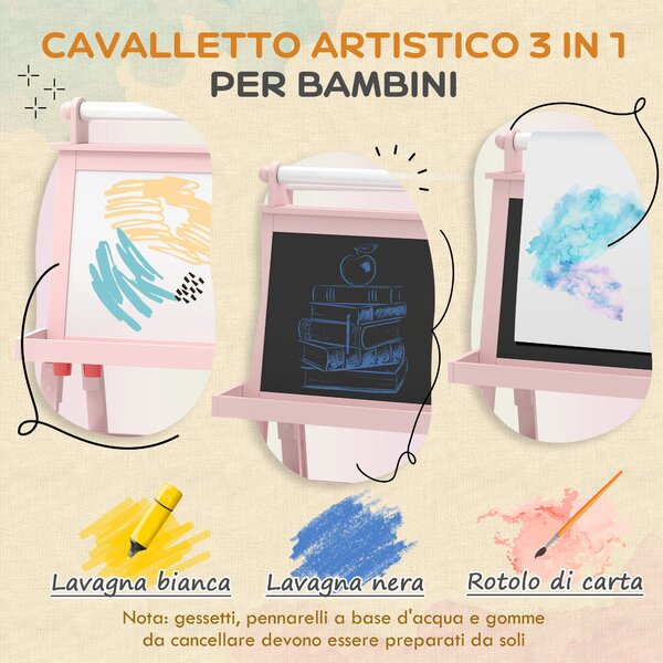 AIYAPLAY Lavagna per Bambini con Cavalletto 3 in 1, Rotolo di Carta e 2 Contenitori, in Legno, 59x48x118 cm, Rosa | Aosom Italy