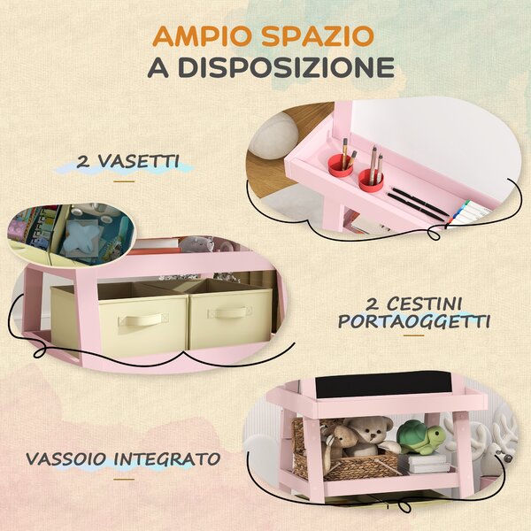 AIYAPLAY Lavagna per Bambini con Cavalletto 3 in 1, Rotolo di Carta e 2 Contenitori, in Legno, 59x48x118 cm, Rosa | Aosom Italy