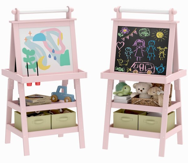 AIYAPLAY Lavagna per Bambini con Cavalletto 3 in 1, Rotolo di Carta e 2 Contenitori, in Legno, 59x48x118 cm, Rosa | Aosom Italy