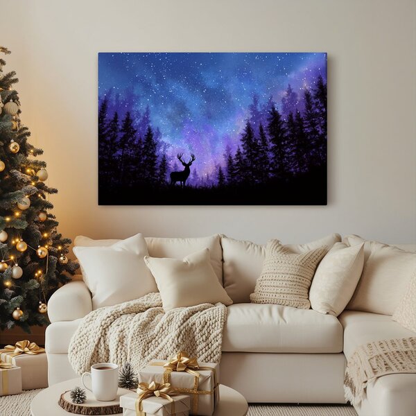 Quadro su tela – Cervo natalizio nella foresta magica