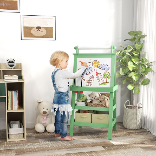 Lavagna per Bambini 59x48x118 cm a Gesso Magnetica e Rotolo di Carta in Legno Verde