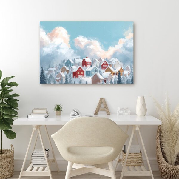 Quadro su tela – Paesaggio natalizio con casette accoglienti