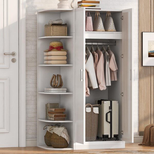 Armadio angolare a due ante con asta appendiabiti, armadio da ingresso con scaffali aperti e vano portaoggetti, armadio da ingresso 90x55x170 cm, bianco