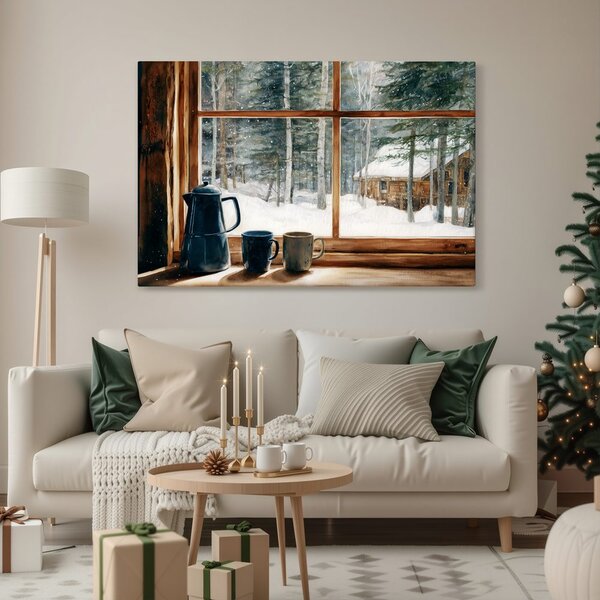 Quadro su tela Natalizio – Vista da una baita accogliente