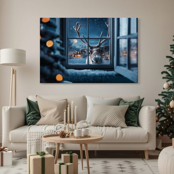 Quadro su tela – Renna natalizia curiosa
