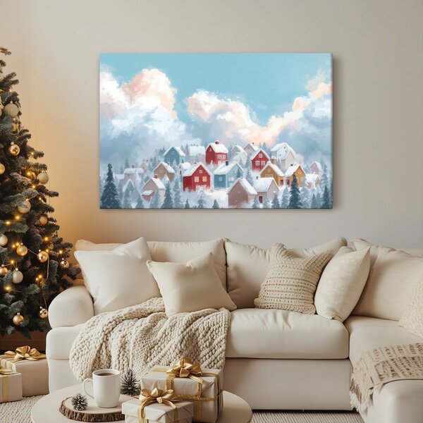 Quadro su tela – Paesaggio natalizio con casette accoglienti