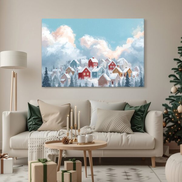 Quadro su tela – Paesaggio natalizio con casette accoglienti