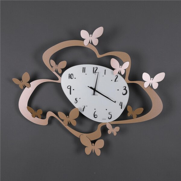 Orologio Da Muro Struttura in metallo e quadrante in vetro FARFALLE Dimensioni 71x61 cm lancette Colore nero , Con Farfalle A rilievo realizzato in Oro Metallizzato