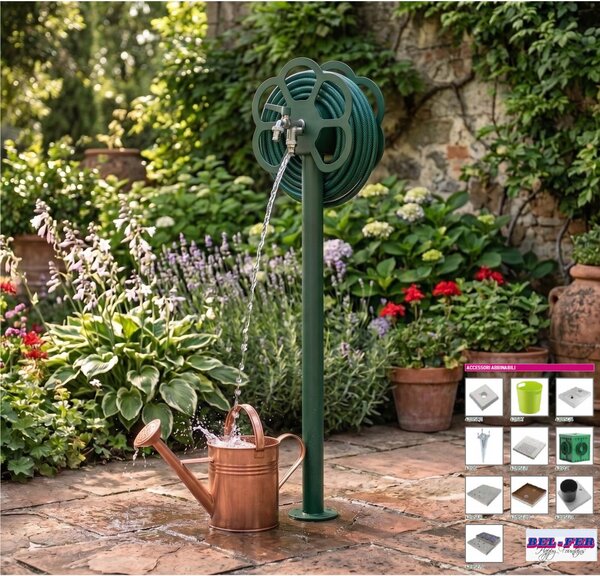 Fontana da Giardino con doppio Rubinetto e Porta tubo a Fiore Belfer Dimensioni 27x23x105 cm - peso 6,5 kg design, colore Verde