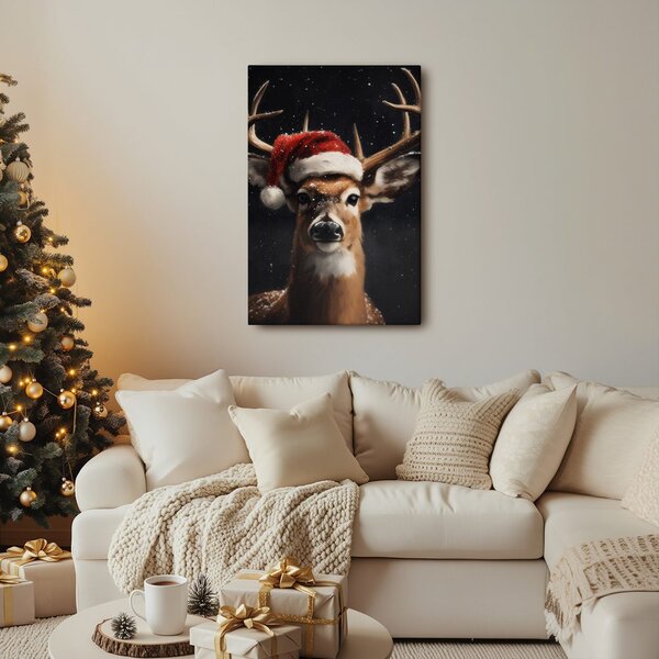 Quadro su tela – Dolce renna con cappello di Natale